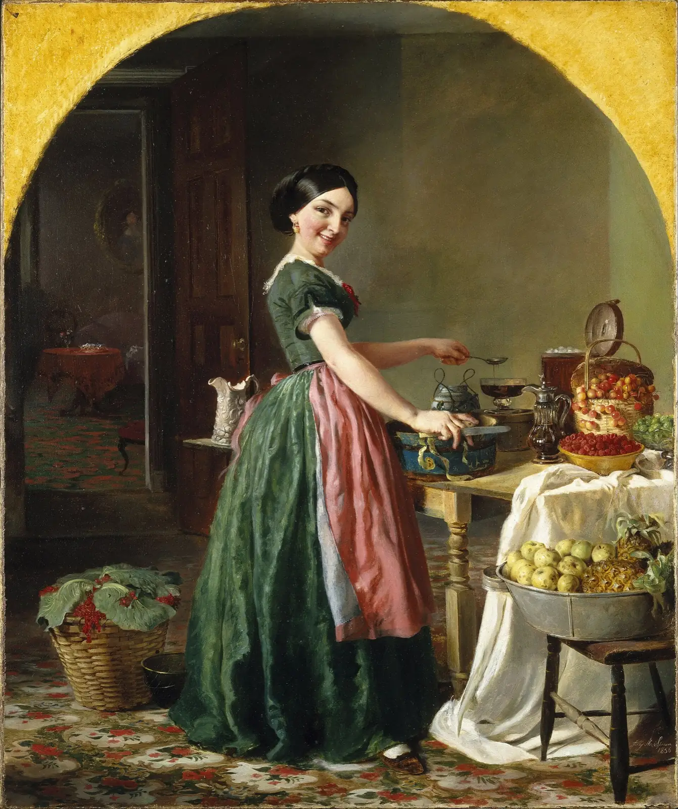 Smiling young woman in a green dress and pink apron stirring a pot by a table of fruit, framed by a yellow arch