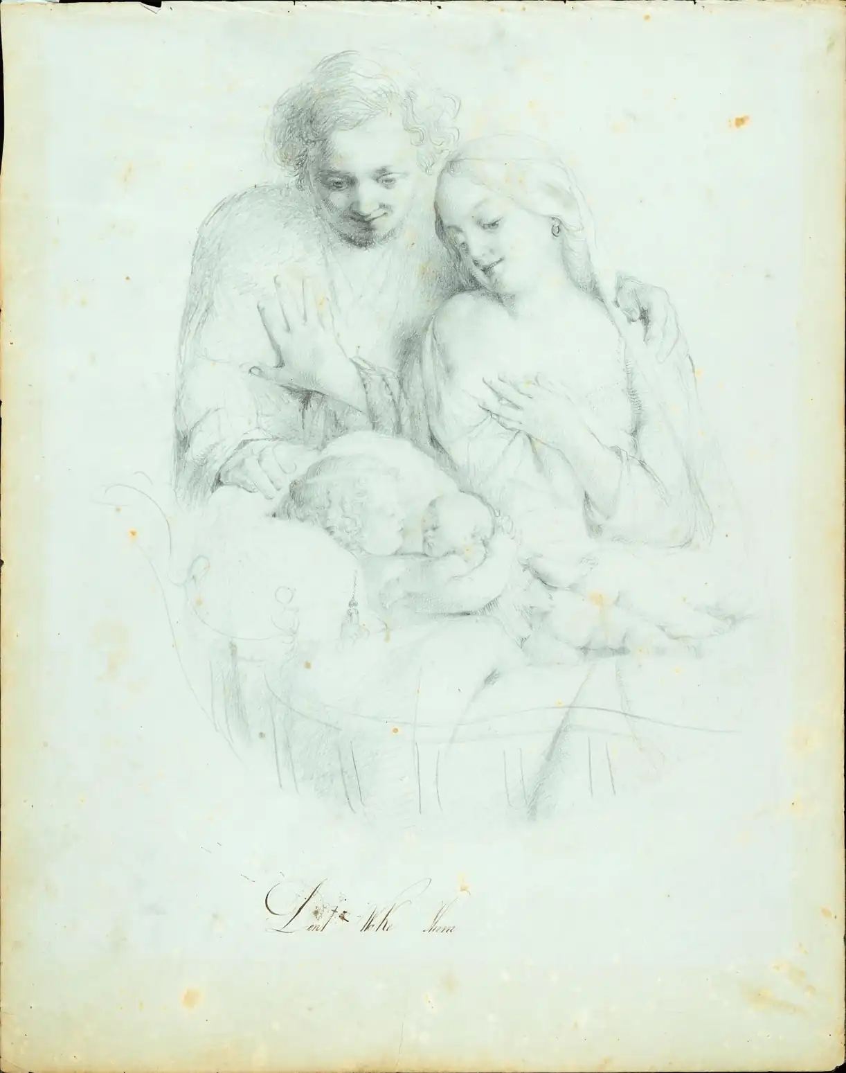 A man and a woman leaning, smiling, over a cradle with two sleeping children, drawn in pencil