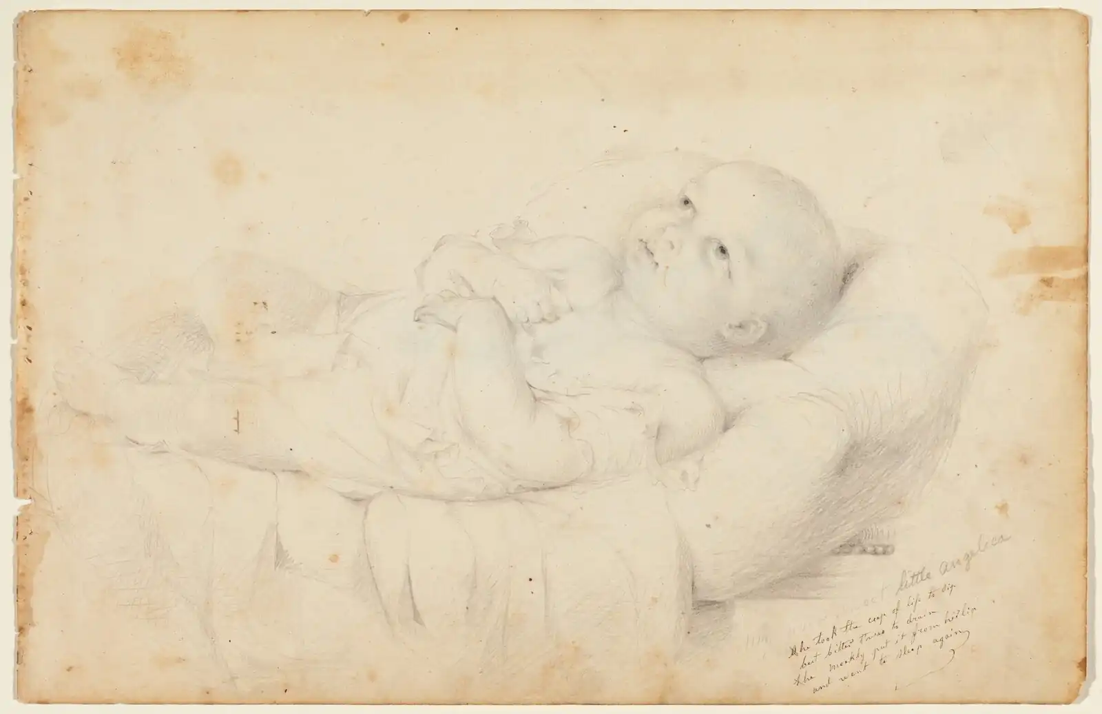 Baby lying on a pillow, eyes open and gazing upward, hands clasped on its chest, drawn in pencil