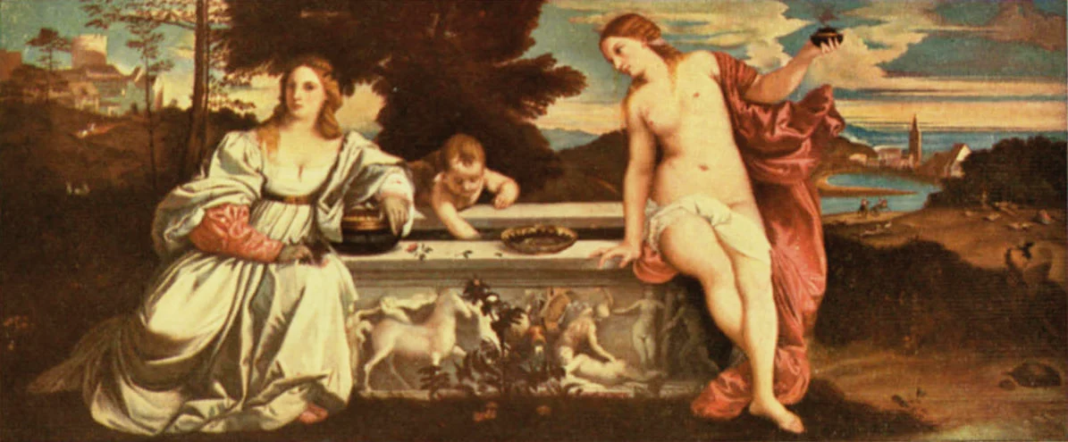 Two women seated at either end of a marble fountain, one dressed in white, the other nearly nude with a red cloak