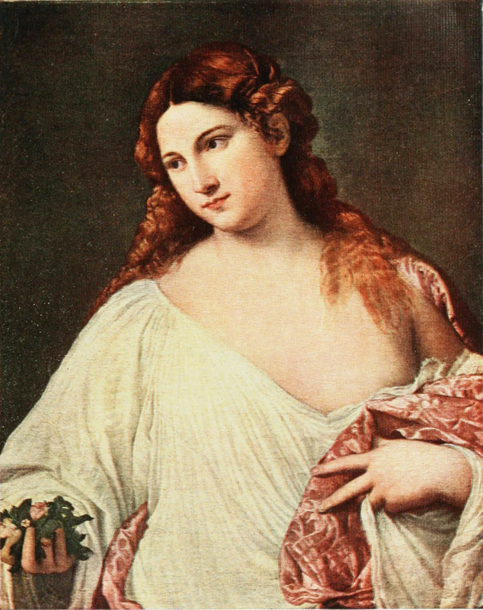 Young woman with long auburn hair, in a white chemise and pink mantle, holding flowers and looking to one side