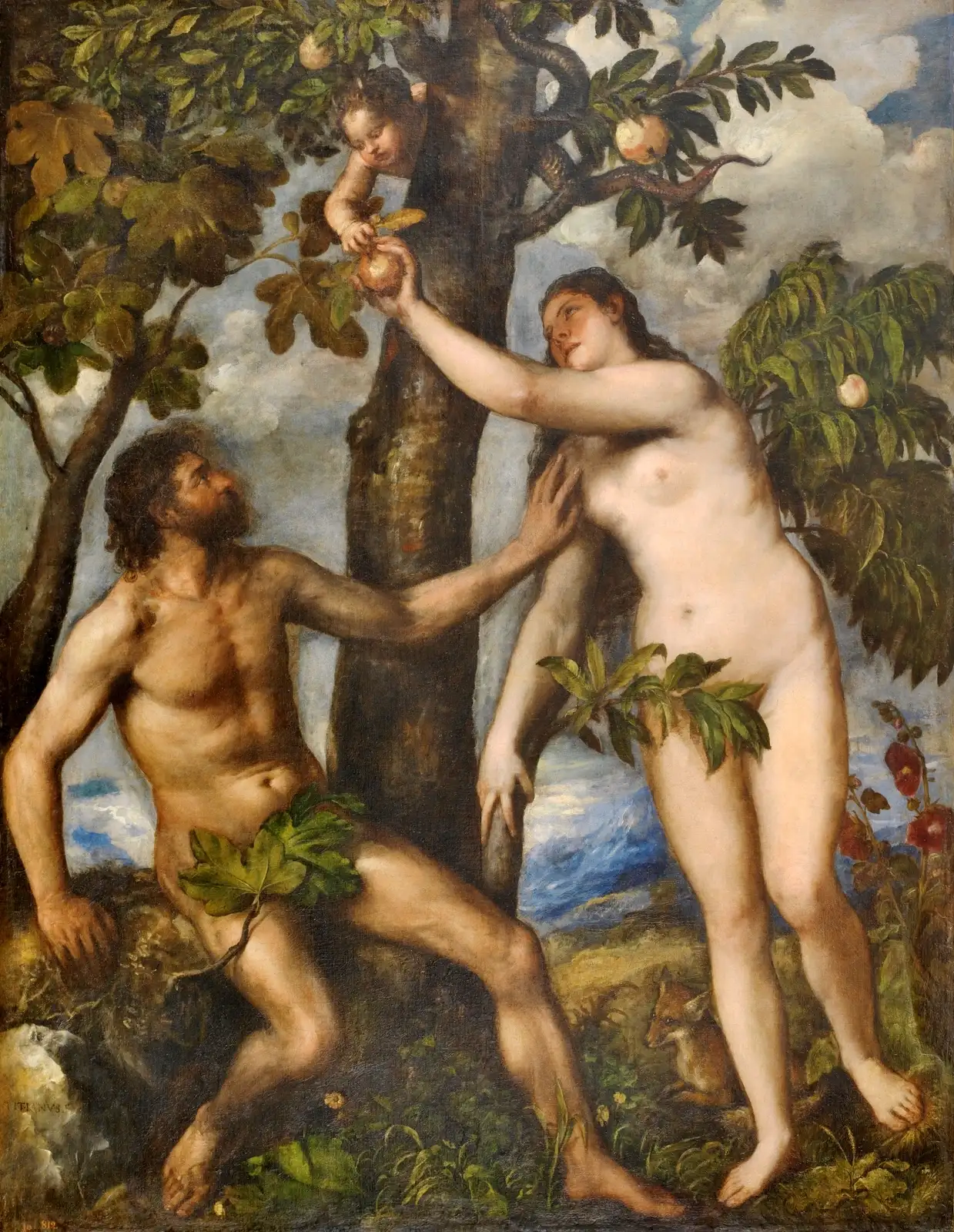 Hombre y mujer desnudos bajo un árbol: ella toma una fruta que le ofrece un niño asomado entre las ramas
