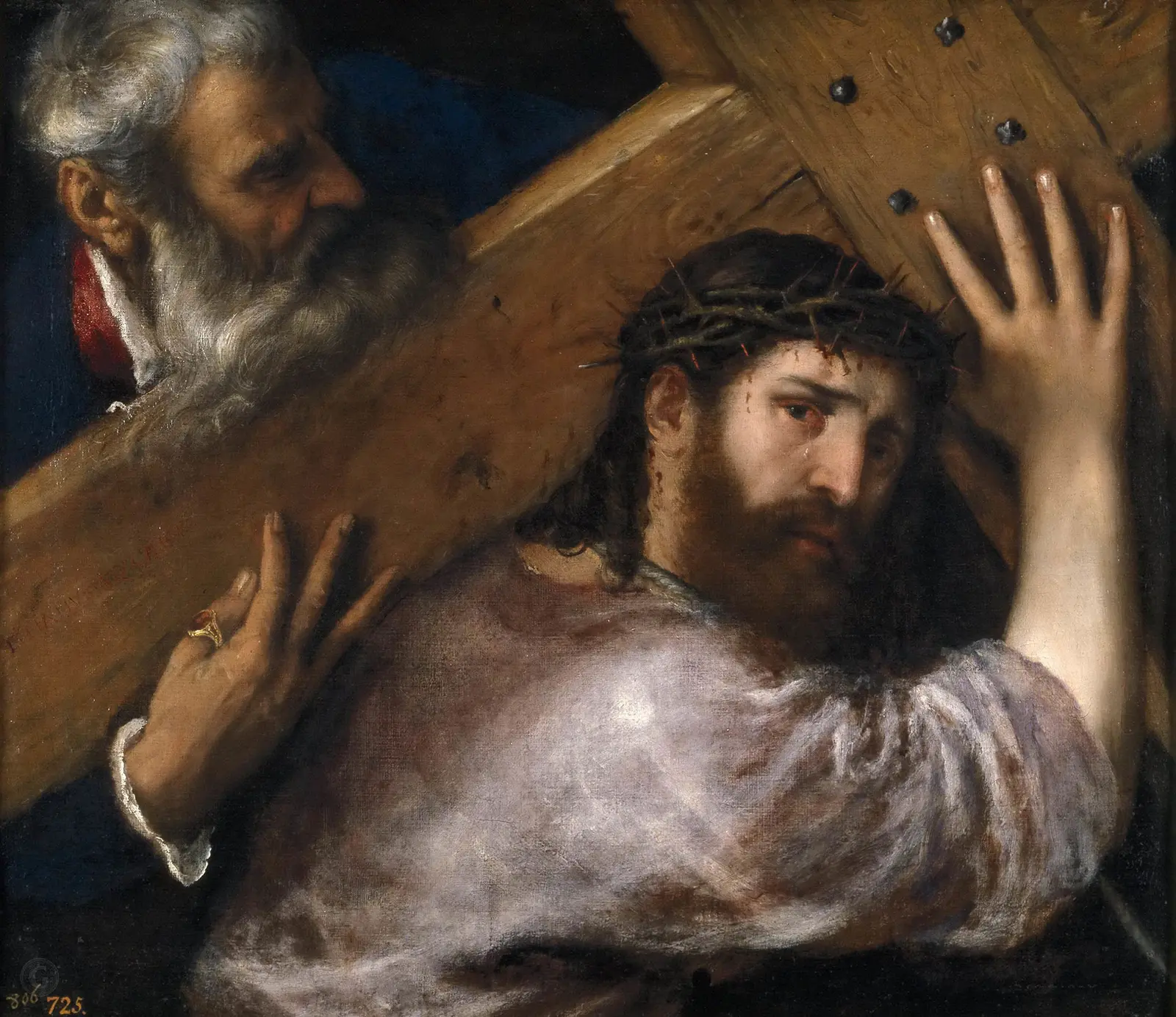 Christ, crowned with thorns, carries a wooden cross and looks out at us; behind, a white-bearded old man helps him