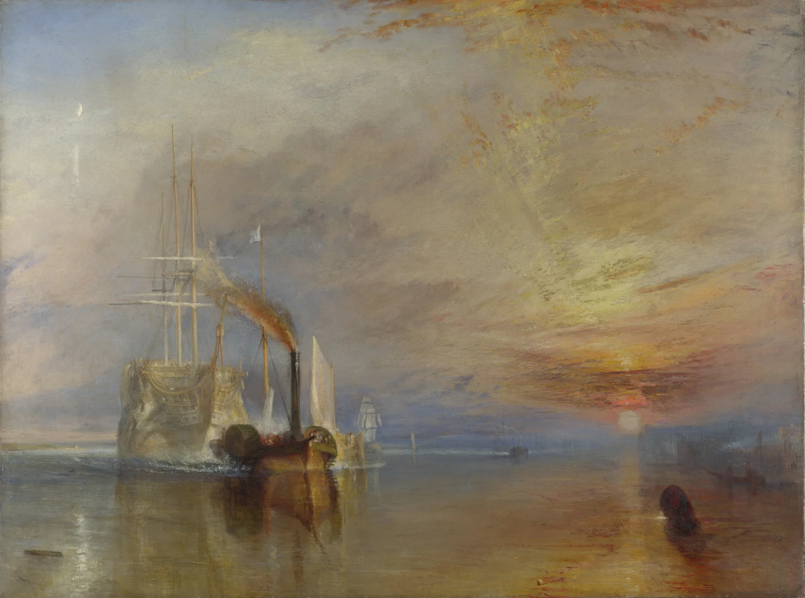 Pale three-masted warship towed by a small dark steam tug on a calm river, the sun setting in a blaze on the right