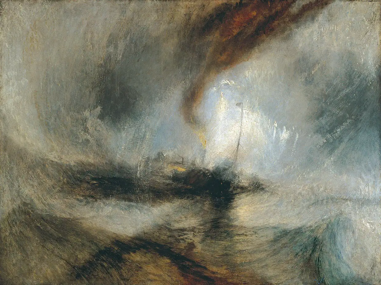 A steamboat barely visible at the heart of a whirling vortex of snow, waves and smoke in whites, grays and browns