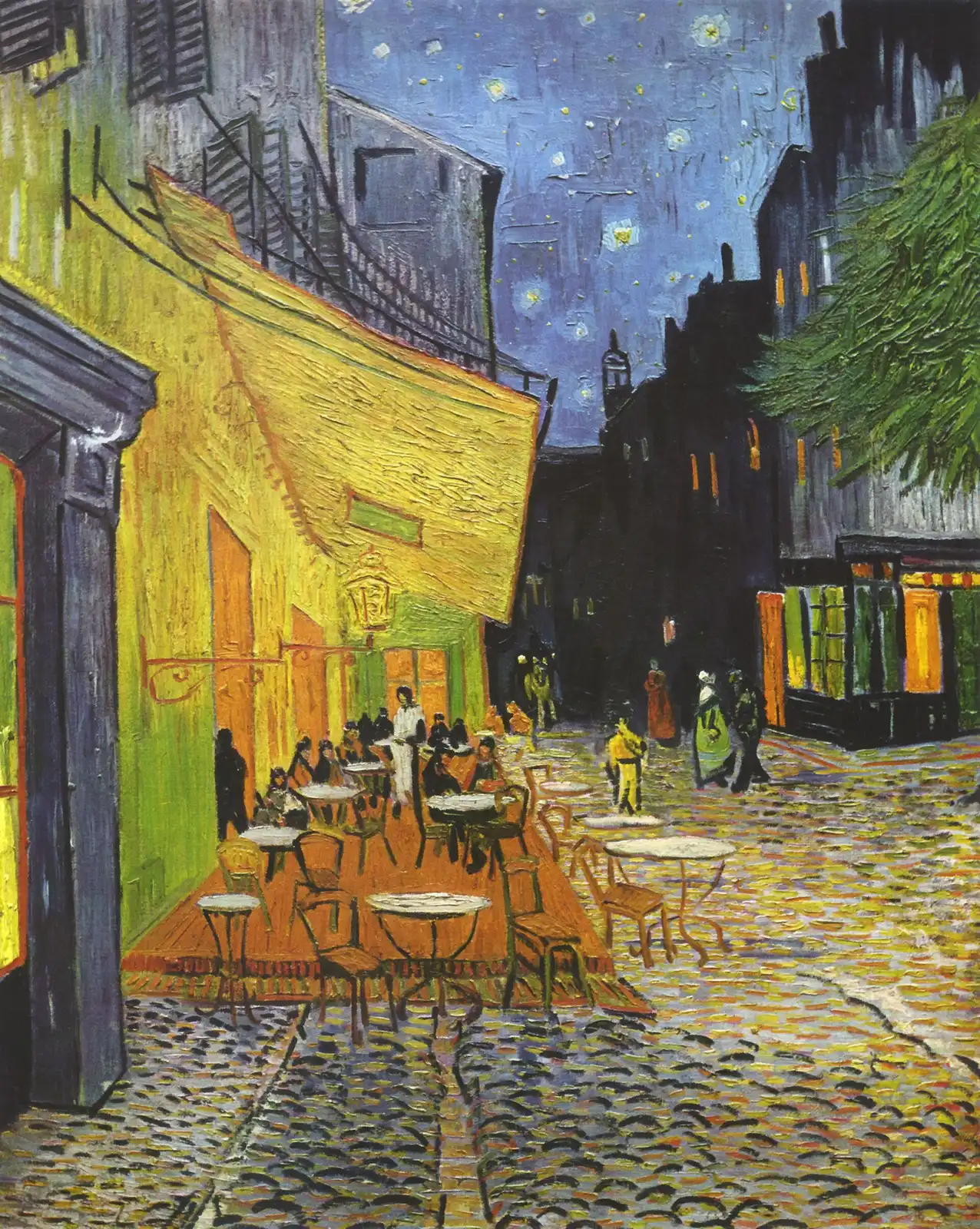 Café terrace glowing yellow on a cobbled street at night, with tables, people and a deep blue starry sky