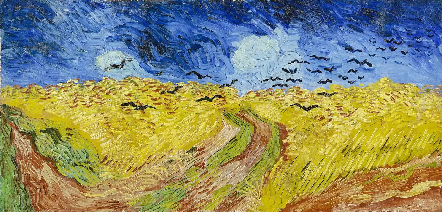 Yellow wheat field crossed by dirt paths under a dark blue sky, with a flock of black crows in flight