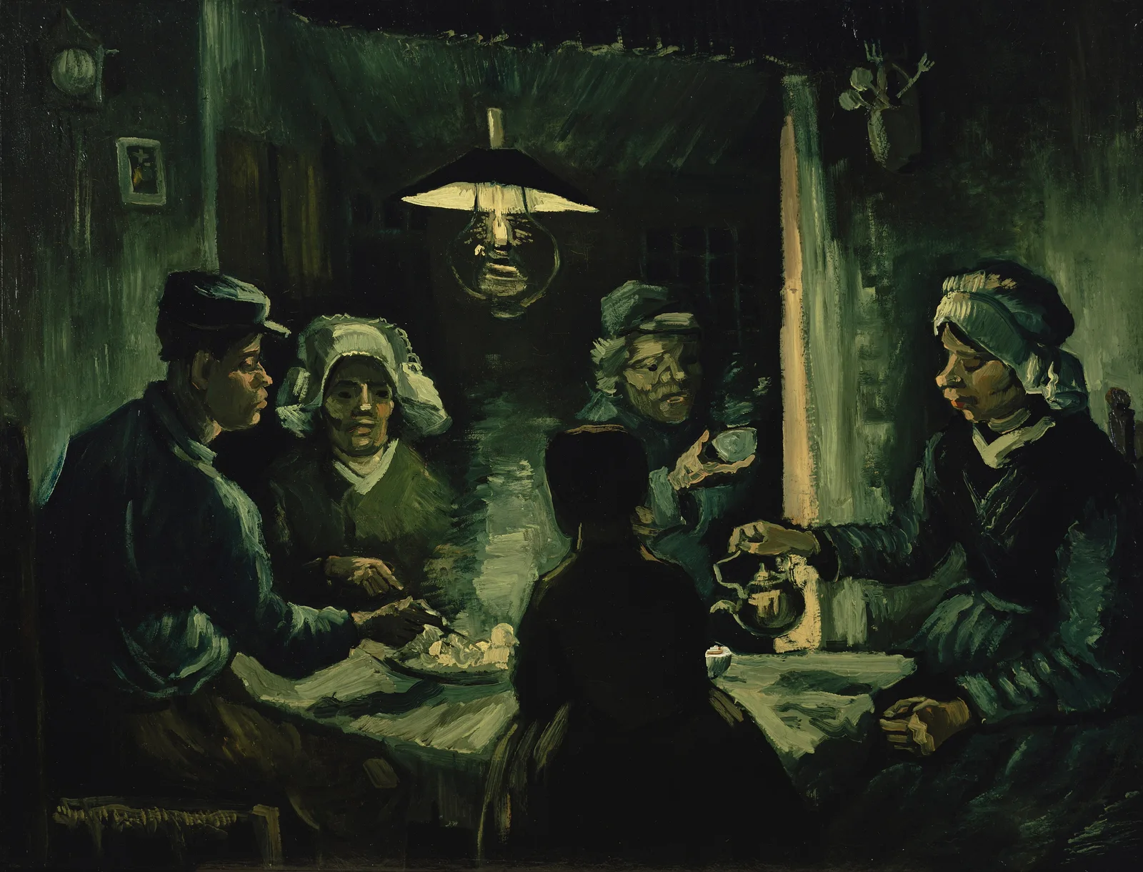 Five peasants gathered around a table under a hanging lamp, in a dark room painted in deep green tones
