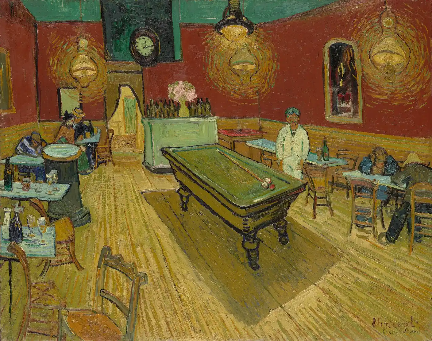 Café interior with red walls, a green ceiling, a billiard table at center, glowing lamps and a few lone customers