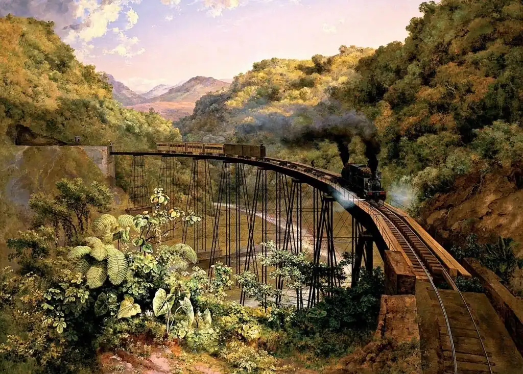 Tren de vapor cruza un puente de hierro curvo sobre una barranca selvática, con plantas de hojas grandes al frente