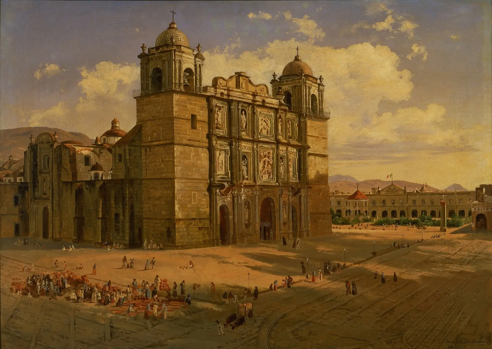 Stone facade of a cathedral with two domed towers, seen at an angle, facing a broad plaza dotted with people
