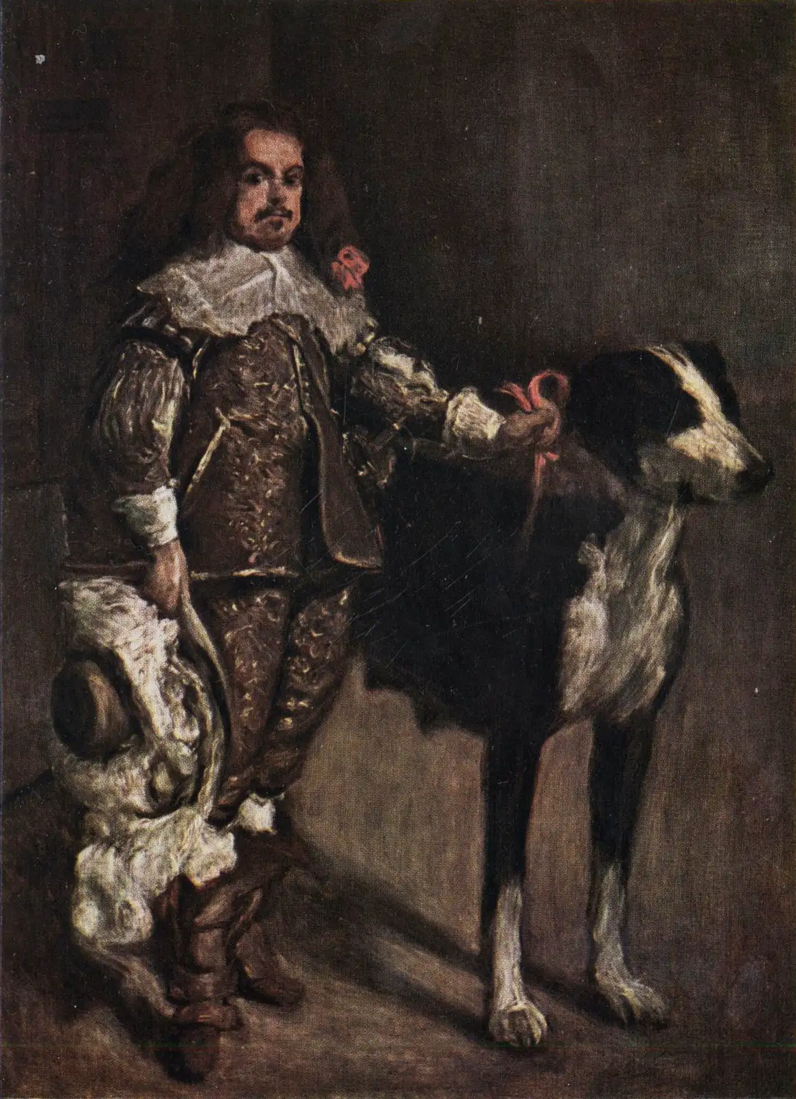 Man of short stature in an embroidered suit and lace collar, plumed hat in hand, standing beside a large dog
